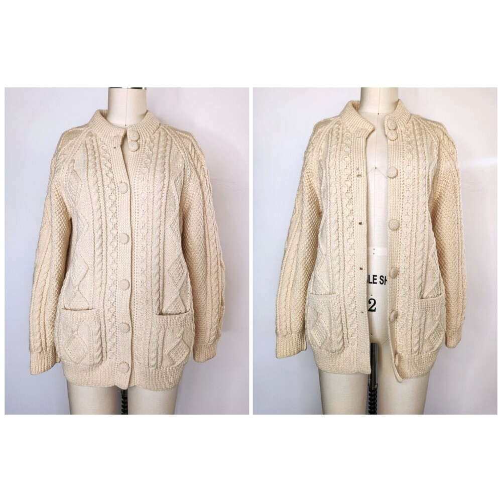 Chunky Cable Hand Knitted WOOL Sweater Cardigan w/Pockets Fisherman Ireland XS S
